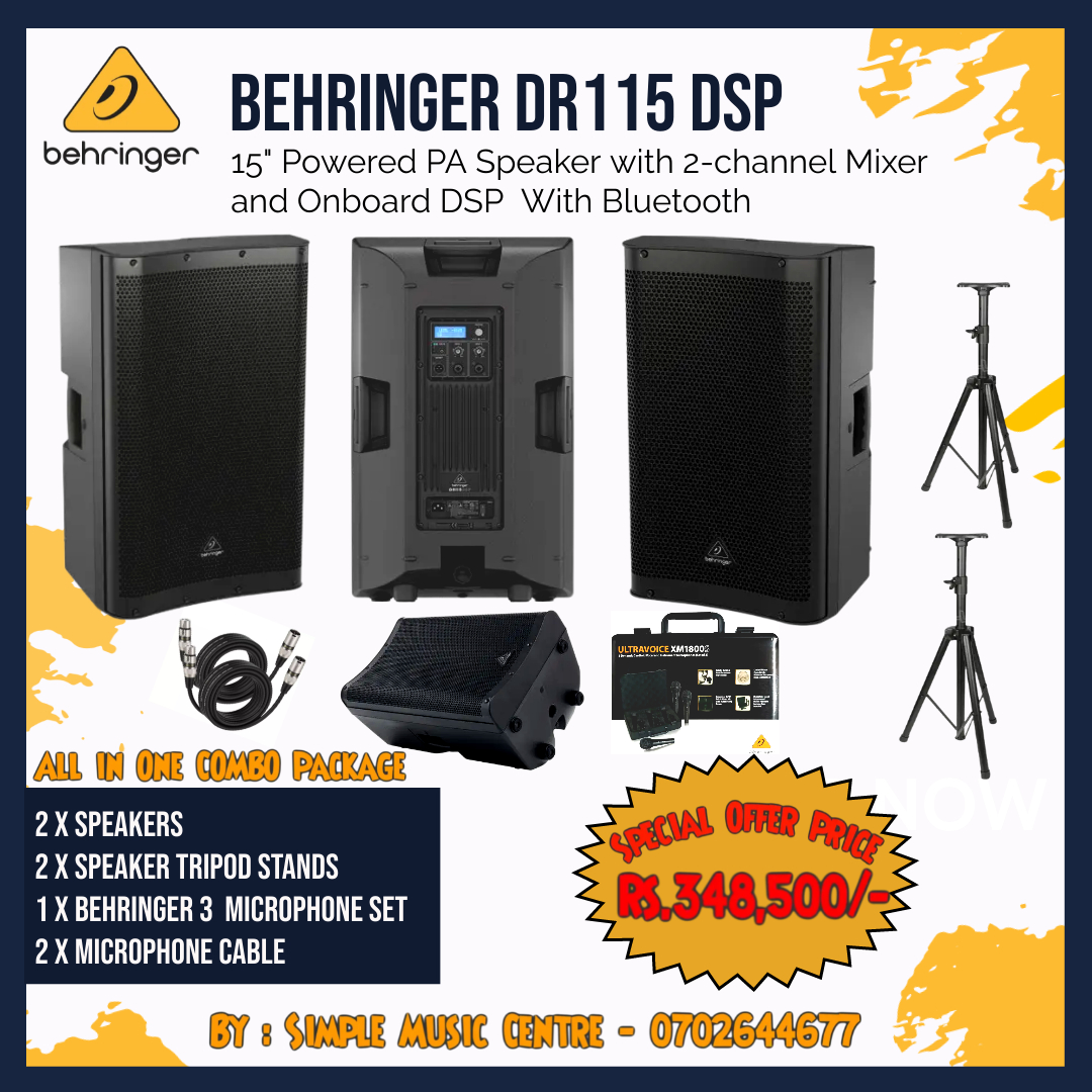 Behringer DR115DSP Bluetooth Powered Speaker(Pair)Combo Package( 3 Mic, 2 Cables, 2 Stand)